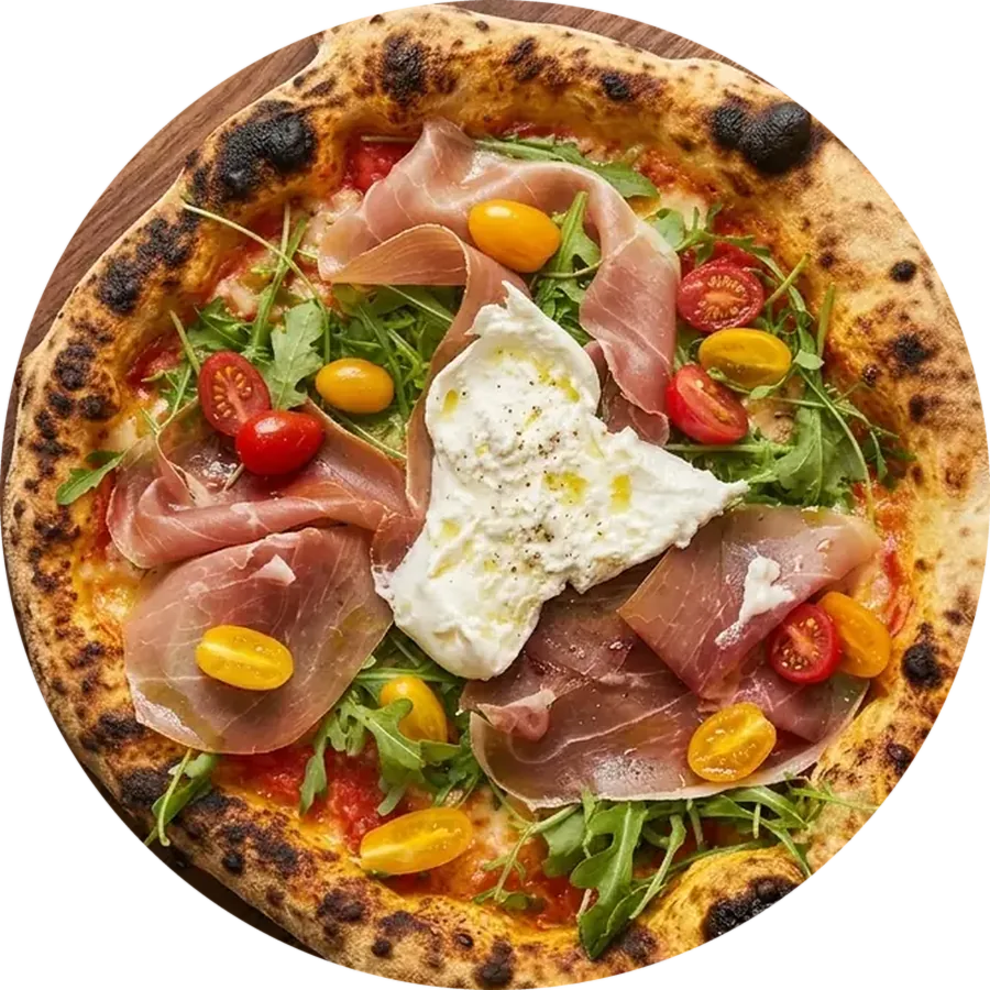 Pizza Parma : jambon de Parme, roquette, tomates cerises et stracciatella