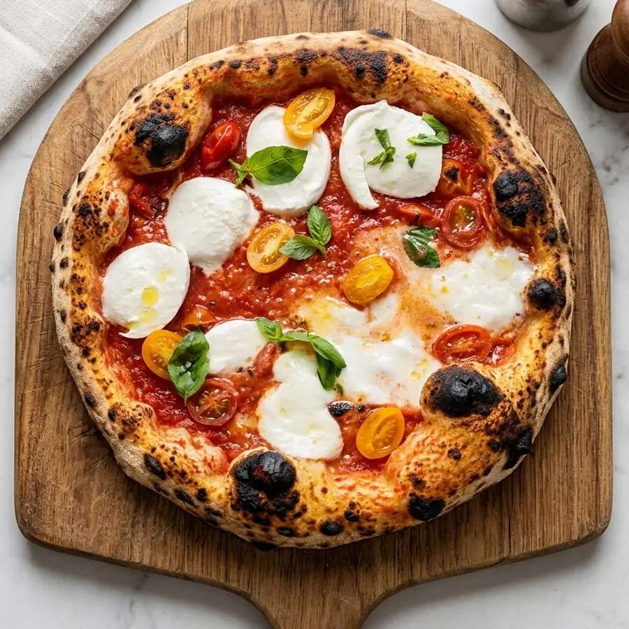 Pizza La Bufala : mozzarella di bufala, tomates cerises et basilic frais, sur planche en bois