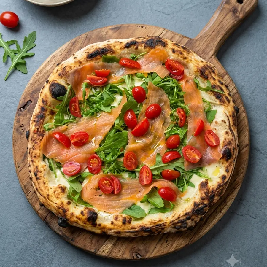 Pizza Norvegese : saumon fumé, roquette et tomates cerises
